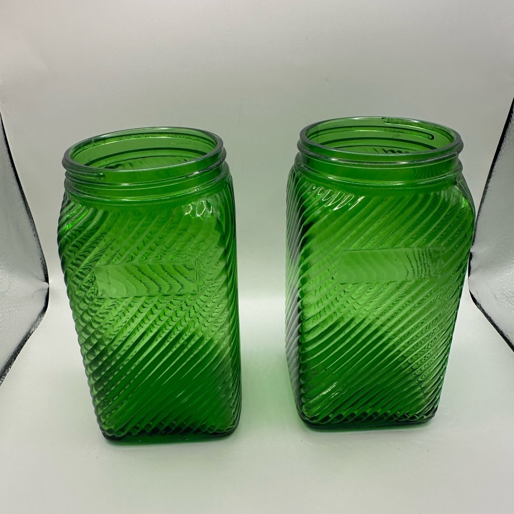 Two vintage 1930’s Owen’s Illinois forest green glass canisters-no lids